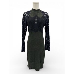 VENUS Bodycon Sweater Dress Womens M Olive Black Lace Sleeve Mock Neck Stretch